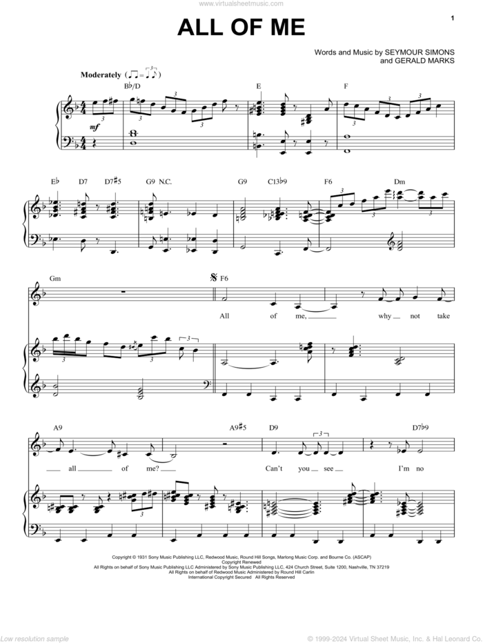 All Of Me sheet music for voice and piano by Billie Holiday, Frank Sinatra, Louis Armstrong, Willie Nelson, Gerald Marks and Seymour Simons, intermediate skill level