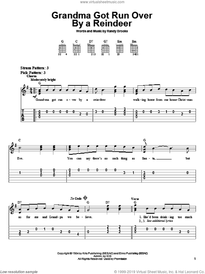Grandma Got Run Over By A Reindeer sheet music for guitar solo (easy tablature) by Randy Brooks, easy guitar (easy tablature)