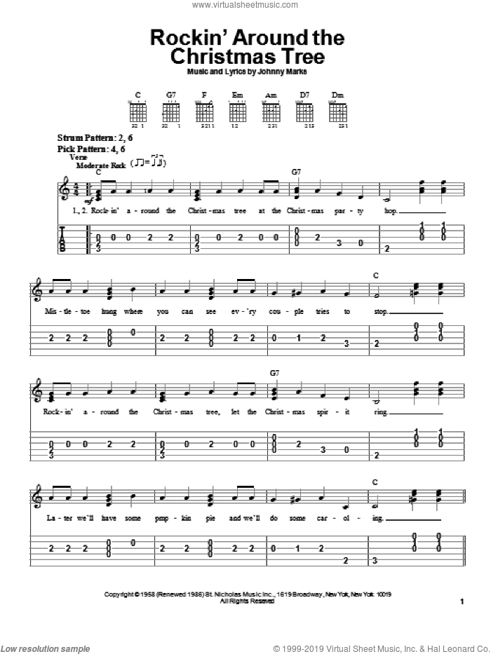 Rockin' Around The Christmas Tree sheet music for guitar solo (easy tablature) by Brenda Lee, Cyndi Lauper, Donna Fargo and Johnny Marks, easy guitar (easy tablature)