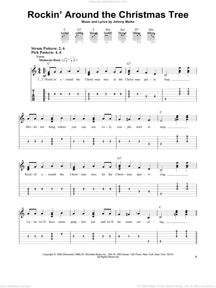 Rockin' Around The Christmas Tree sheet music for guitar solo (easy tablature) by Brenda Lee, Cyndi Lauper, Donna Fargo and Johnny Marks, easy guitar (easy tablature)