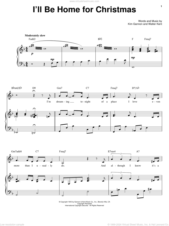 I'll Be Home For Christmas sheet music for voice, piano or guitar by Barbra Streisand, Bing Crosby, Kim Gannon and Walter Kent, intermediate skill level