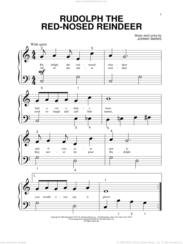 Rudolph The Red-Nosed Reindeer sheet music for piano solo by Johnny Marks, beginner skill level