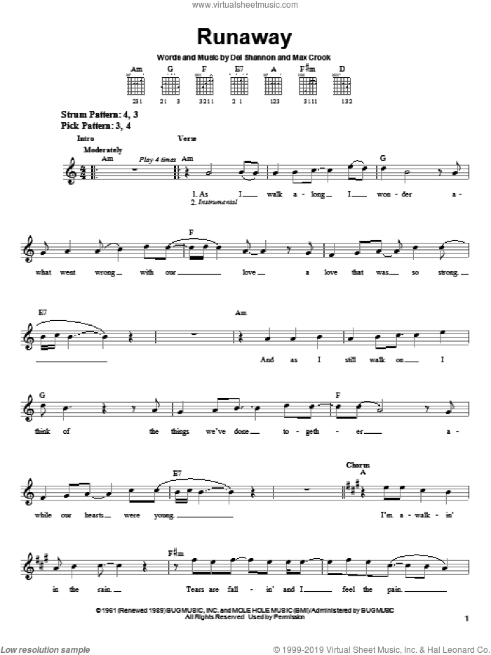Runaway sheet music for guitar solo (chords) by Del Shannon and Max Crook, easy guitar (chords)