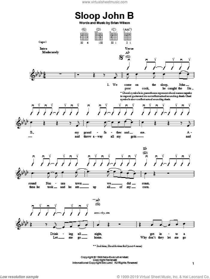 Sloop John B sheet music for guitar solo (chords) by The Beach Boys and Brian Wilson, easy guitar (chords)