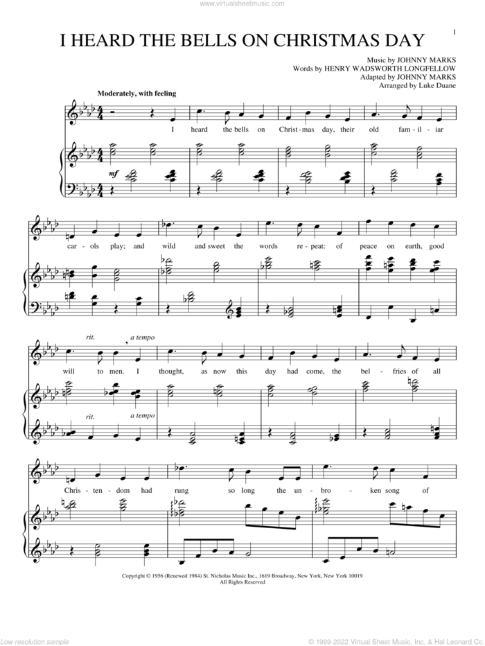 I Heard The Bells On Christmas Day sheet music for voice and piano by Henry Wadsworth Longfellow and Johnny Marks, intermediate skill level