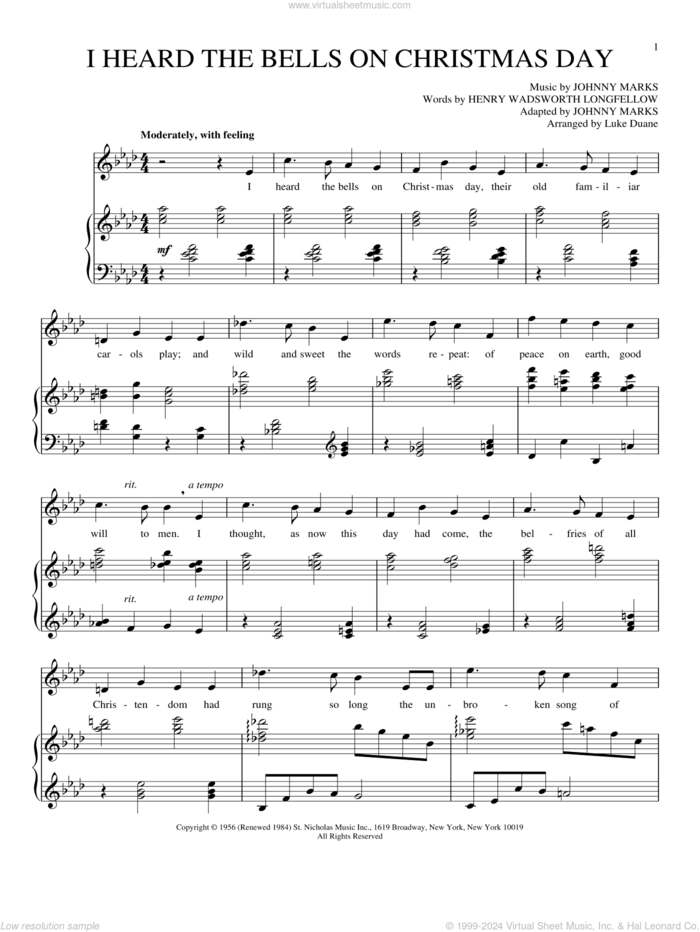 I Heard The Bells On Christmas Day sheet music for voice and piano by Henry Wadsworth Longfellow and Johnny Marks, intermediate skill level