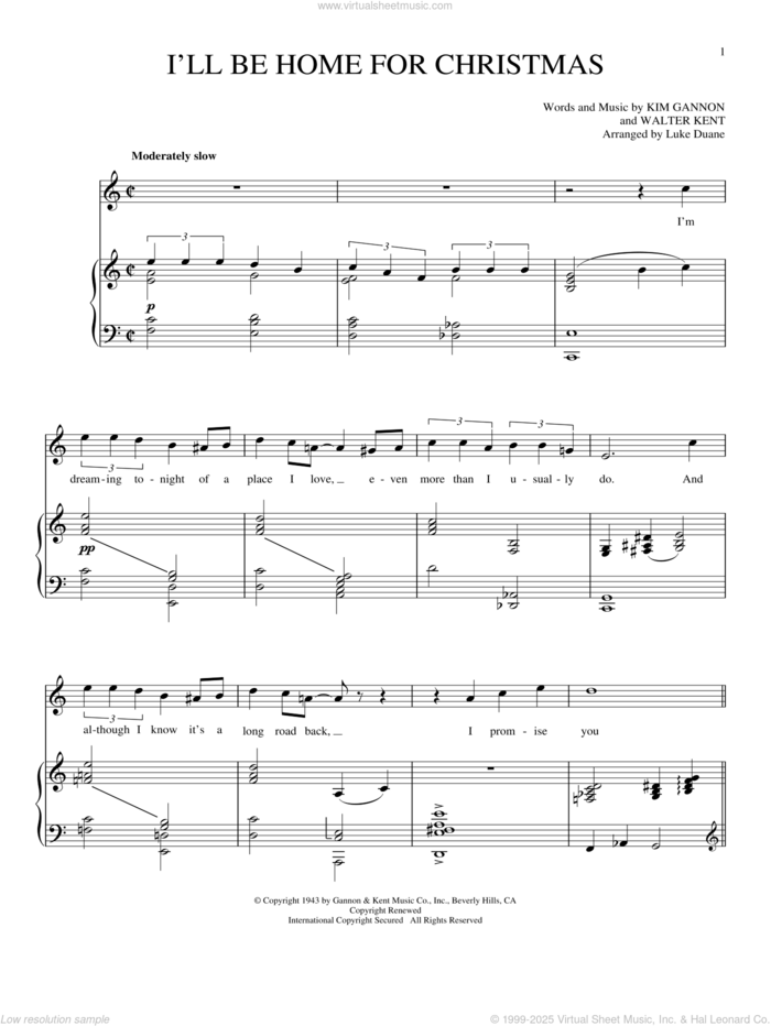 I'll Be Home For Christmas sheet music for voice and piano by Bing Crosby, Kim Gannon and Walter Kent, intermediate skill level