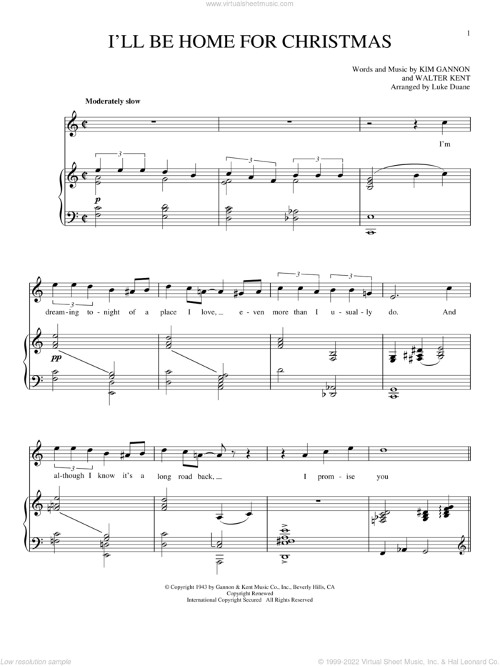 I'll Be Home For Christmas sheet music for voice and piano by Bing Crosby, Kim Gannon and Walter Kent, intermediate skill level