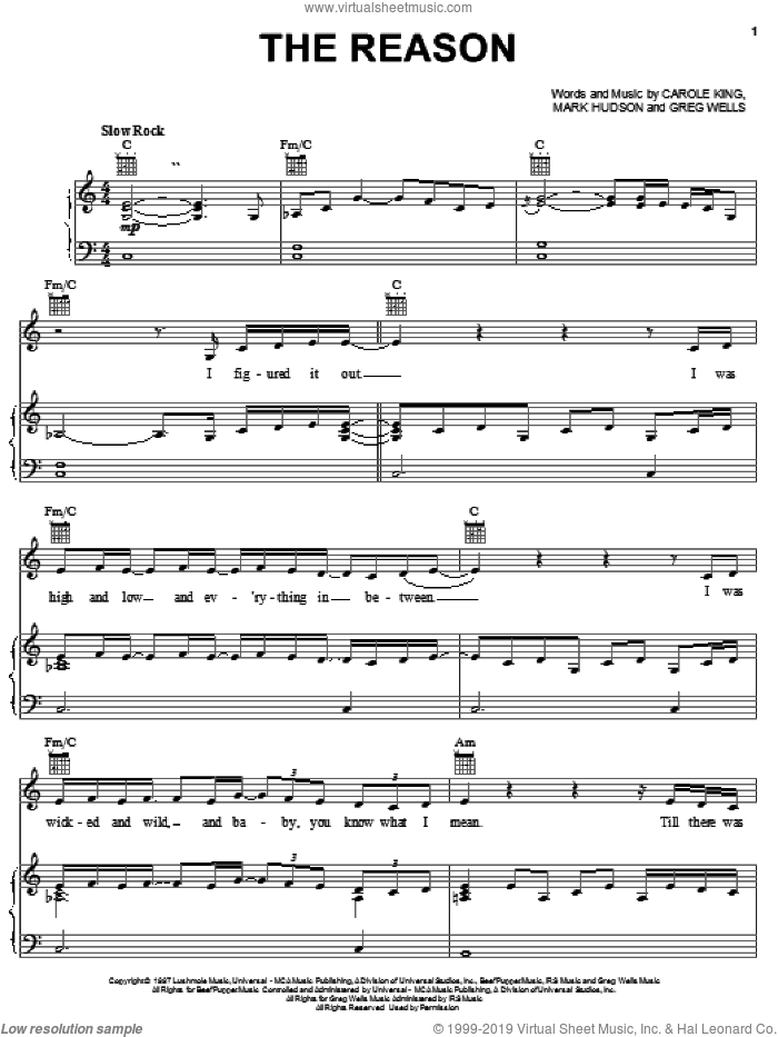 The Reason sheet music for voice, piano or guitar by Celine Dion, Carole King, Greg Wells and Mark Hudson, intermediate skill level