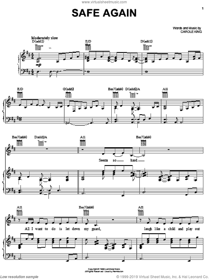 Safe Again sheet music for voice, piano or guitar by Carole King, intermediate skill level