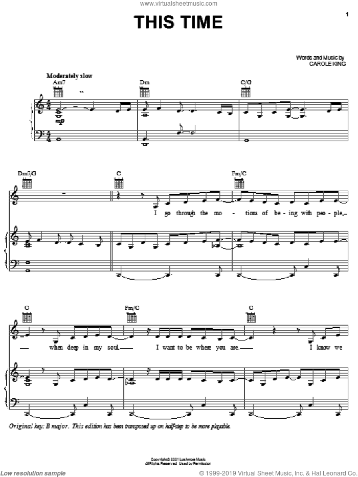 This Time sheet music for voice, piano or guitar by Carole King, intermediate skill level