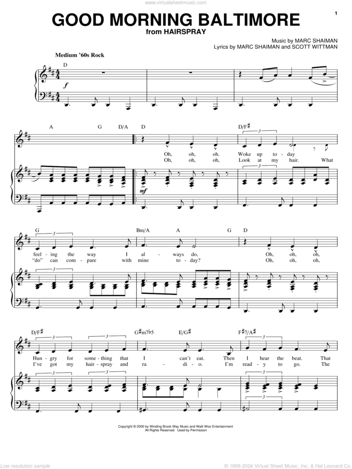 Good Morning Baltimore sheet music for voice and piano by Marc Shaiman, Hairspray (Musical) and Scott Wittman, intermediate skill level