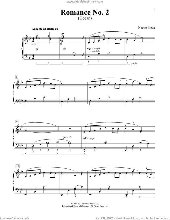 Romance No. 2 (Ocean) sheet music for piano solo (elementary) by Naoko Ikeda, beginner piano (elementary)