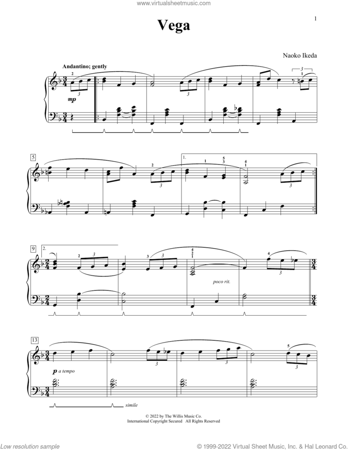 Vega sheet music for piano solo (elementary) by Naoko Ikeda, beginner piano (elementary)