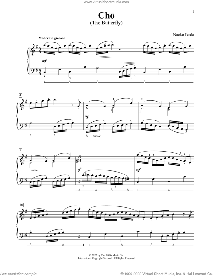 Cho (The Butterfly) sheet music for piano solo (elementary) by Naoko Ikeda, beginner piano (elementary)
