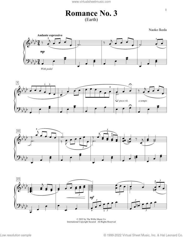 Romance No. 3 (Earth) sheet music for piano solo (elementary) by Naoko Ikeda, beginner piano (elementary)