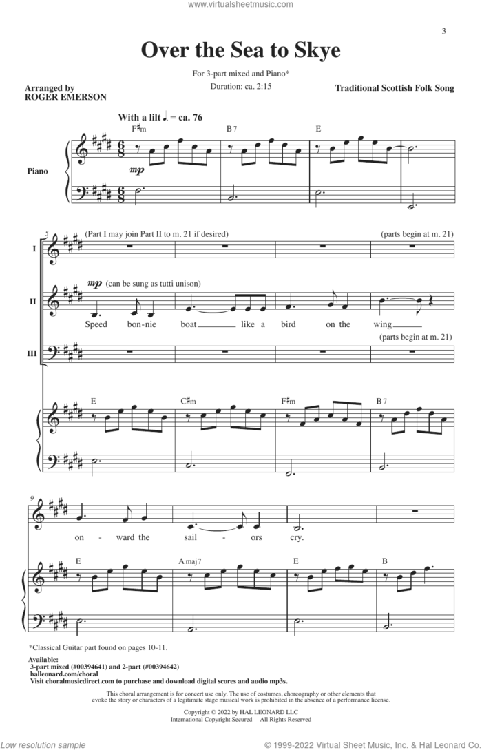 Over The Sea To Skye (arr. Roger Emerson) sheet music for choir (3-Part Mixed) by Traditional Scottish Folk Song and Roger Emerson, intermediate skill level