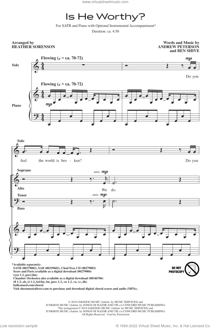 Is He Worthy? (arr. Heather Sorenson) sheet music for choir (SATB: soprano, alto, tenor, bass) by Andrew Peterson and Ben Shive, Heather Sorenson, Andrew Peterson and Ben Shive, intermediate skill level