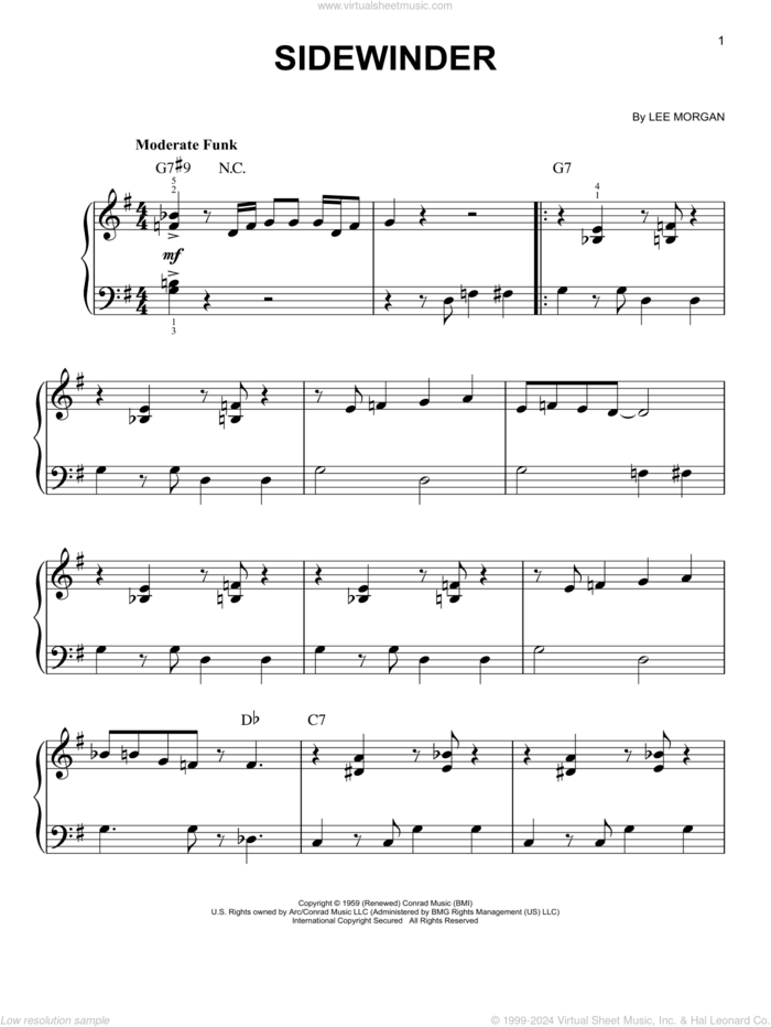 Sidewinder sheet music for piano solo by Lee Morgan, beginner skill level