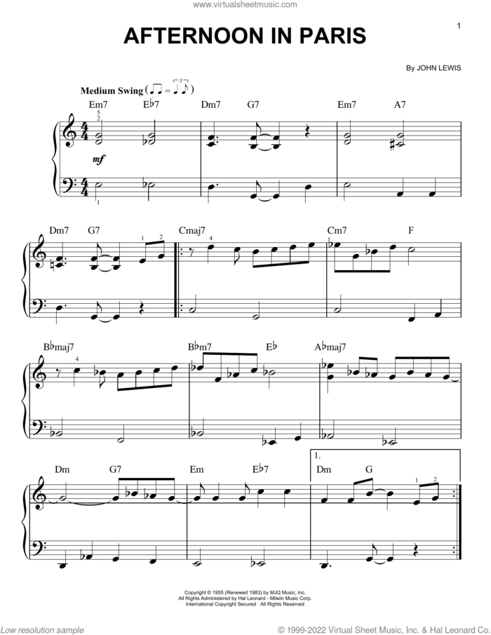 Afternoon In Paris sheet music for piano solo by John Lewis, beginner skill level