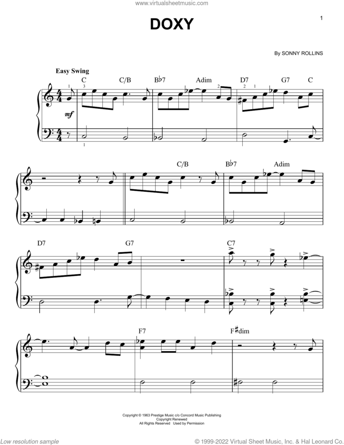 Doxy, (beginner) sheet music for piano solo by Sonny Rollins, beginner skill level