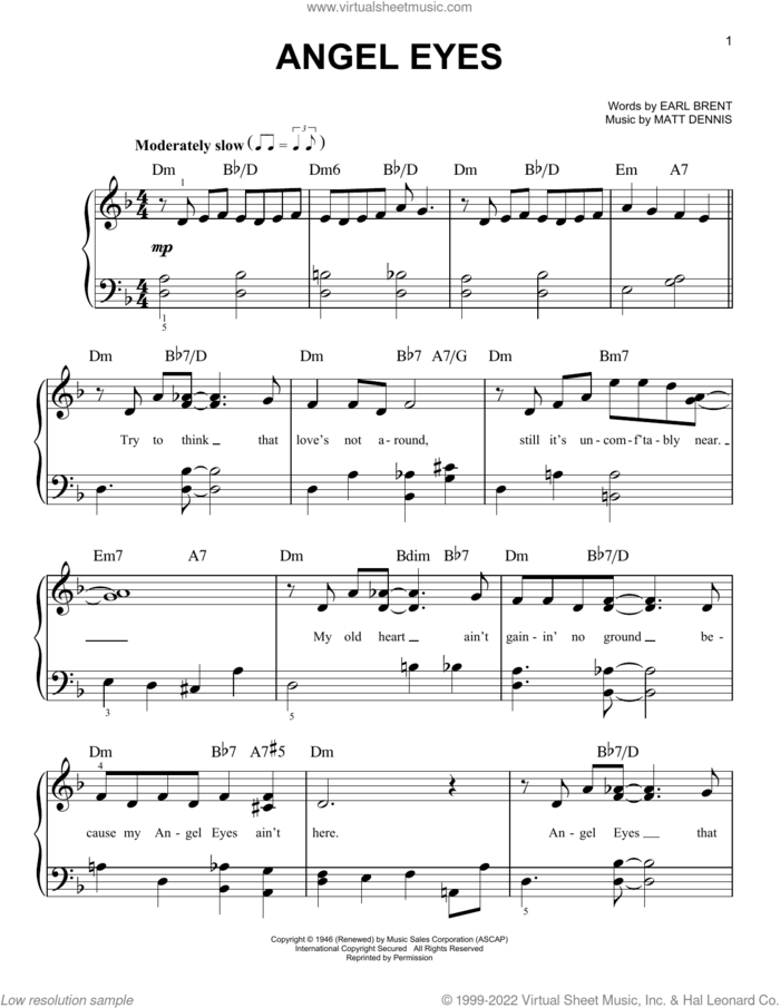 Angel Eyes, (beginner) sheet music for piano solo by Frank Sinatra, Earl Brent and Matt Dennis, beginner skill level