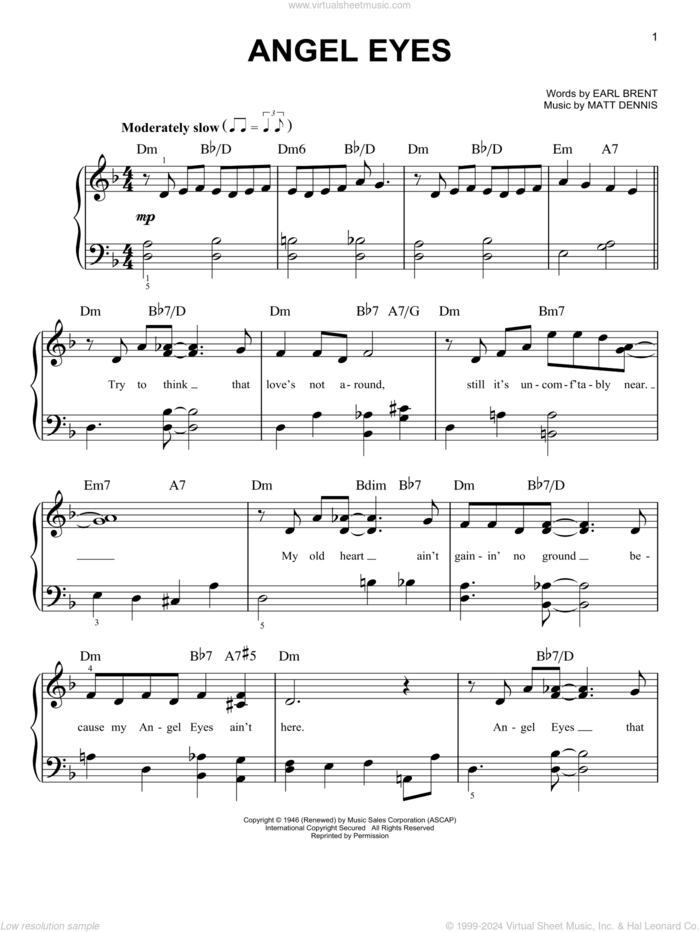 Angel Eyes, (beginner) sheet music for piano solo by Frank Sinatra, Earl Brent and Matt Dennis, beginner skill level