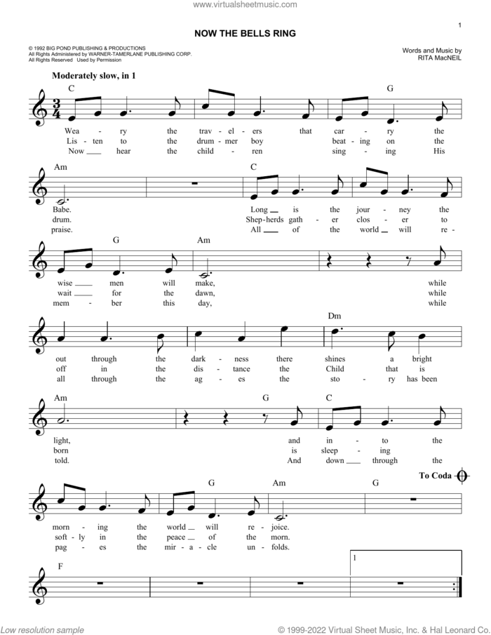 Now The Bells Ring sheet music for voice and other instruments (fake book) by Rita MacNeil, easy skill level