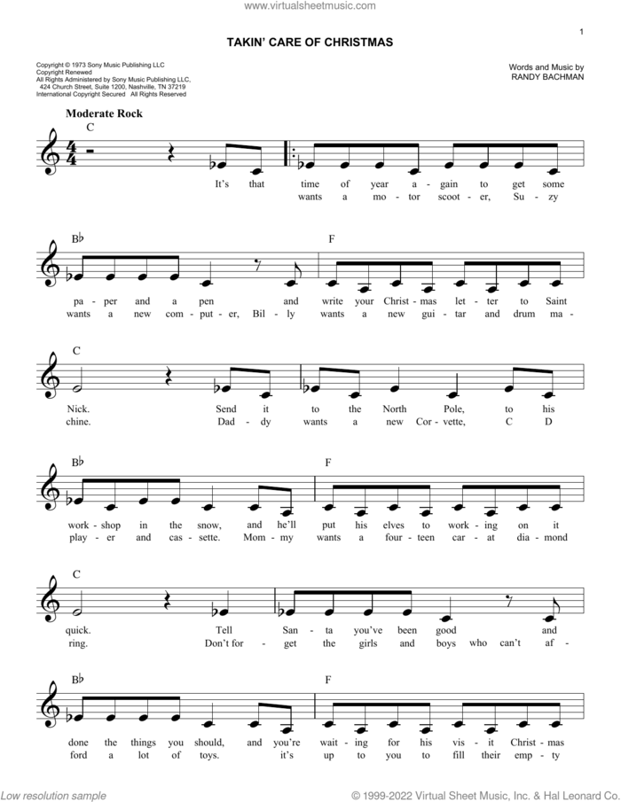 Takin' Care Of Christmas sheet music for voice and other instruments (fake book) by Randy Bachman, easy skill level