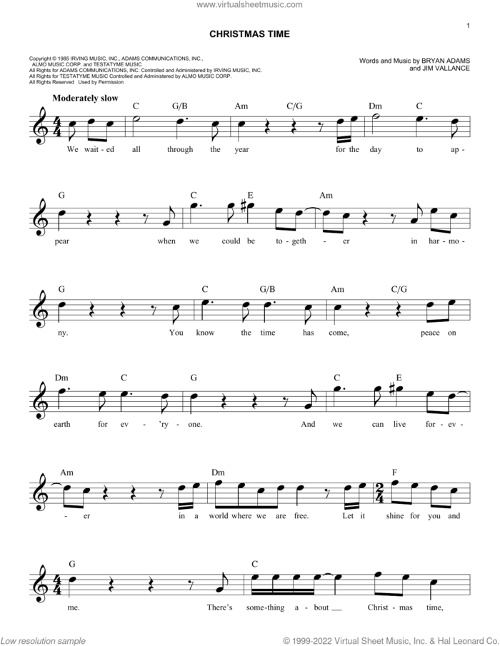 Christmas Time sheet music for voice and other instruments (fake book) by Bryan Adams and Jim Vallance, easy skill level
