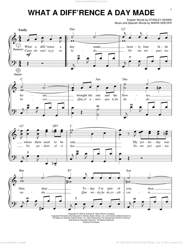 What A Diff'rence A Day Made sheet music for accordion by Stanley Adams and Maria Grever, intermediate skill level