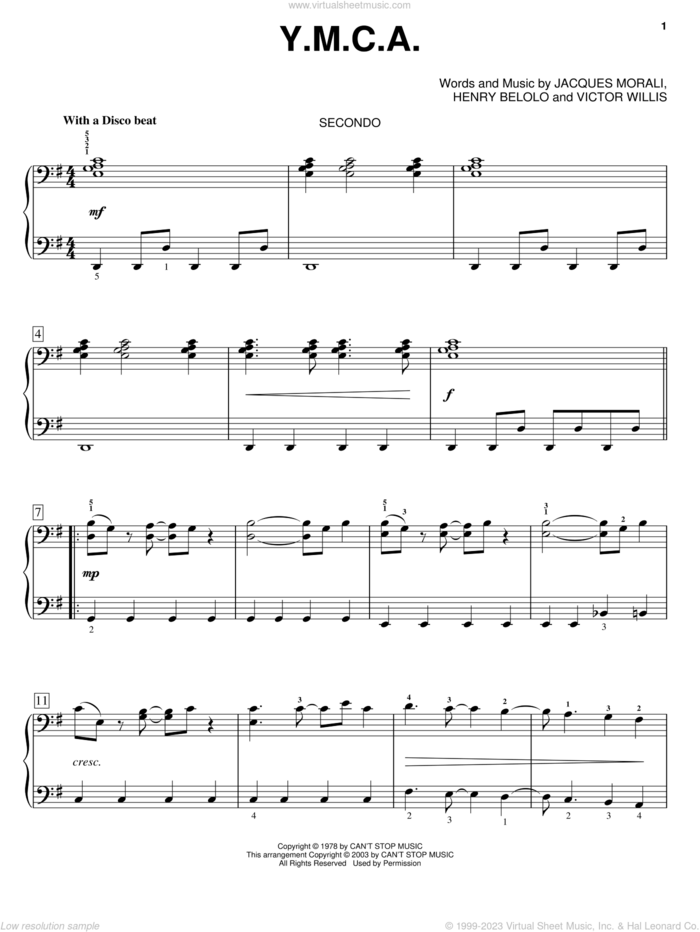 Y.M.C.A. sheet music for piano four hands by Village People, Henri Belolo, Jacques Morali and Victor Willis, intermediate skill level