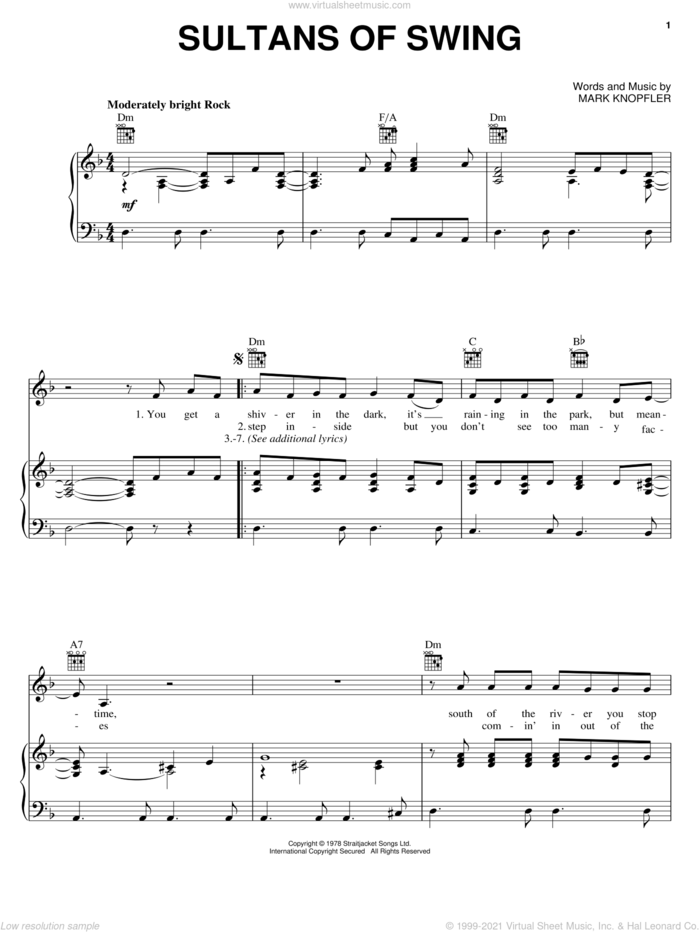 Sultans Of Swing sheet music for voice, piano or guitar by Dire Straits and Mark Knopfler, intermediate skill level
