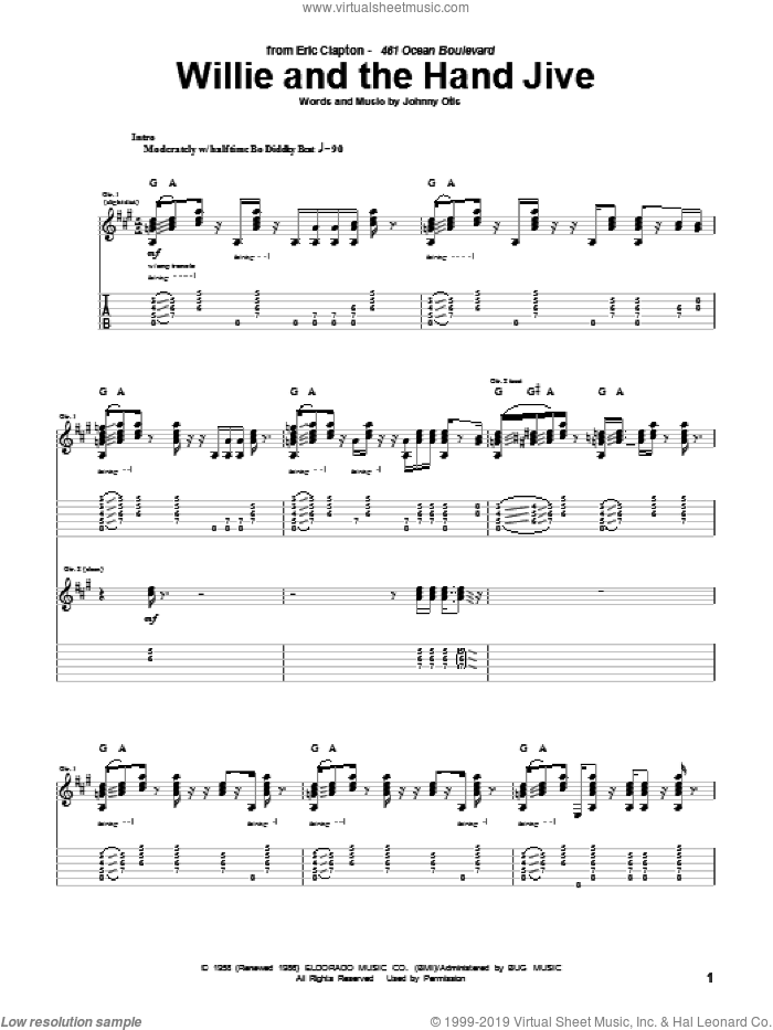 Willie And The Hand Jive sheet music for guitar (tablature) by Eric Clapton and Johnny Otis, intermediate skill level
