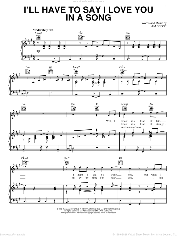 I'll Have To Say I Love You In A Song sheet music for voice, piano or guitar by Jim Croce, wedding score, intermediate skill level