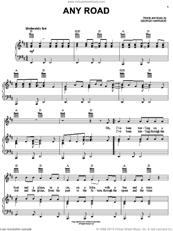 Any Road sheet music for voice, piano or guitar by George Harrison, intermediate skill level