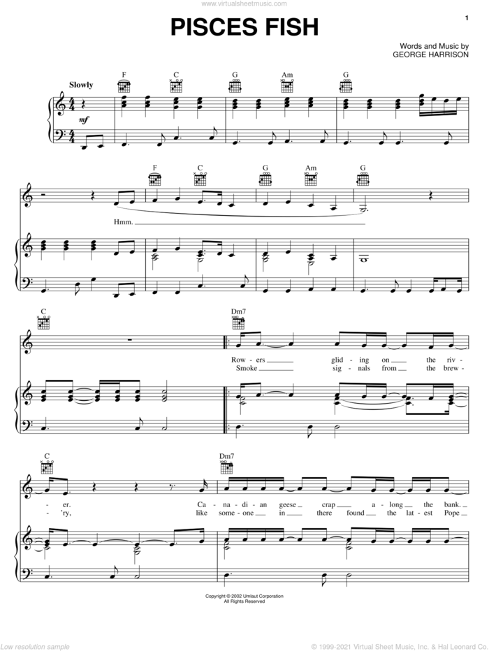 Pisces Fish sheet music for voice, piano or guitar by George Harrison, intermediate skill level