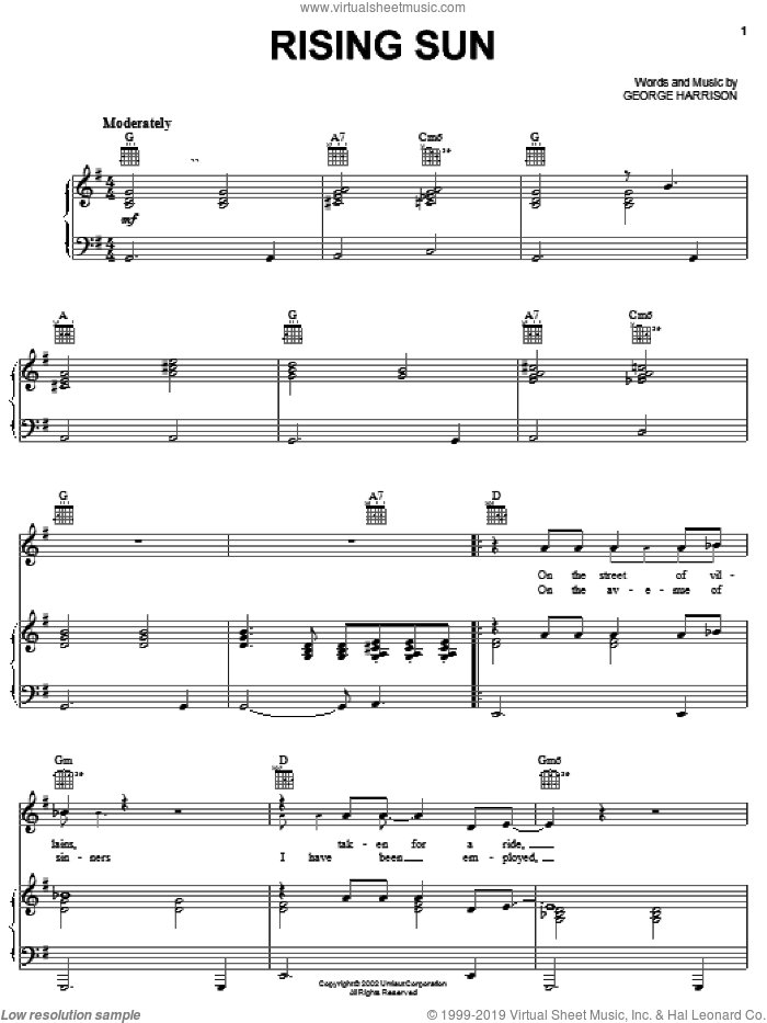 Rising Sun sheet music for voice, piano or guitar by George Harrison, intermediate skill level