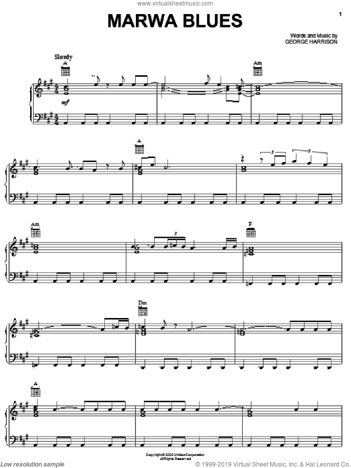 Marwa Blues sheet music for voice, piano or guitar by George Harrison, intermediate skill level