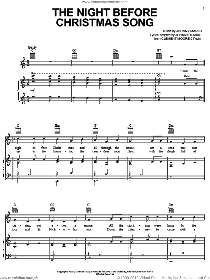 The Night Before Christmas Song sheet music for voice, piano or guitar by Johnny Marks and Johnny Marks from Clement Moor, intermediate skill level