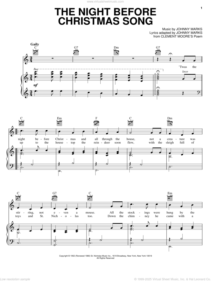 The Night Before Christmas Song sheet music for voice, piano or guitar by Johnny Marks and Johnny Marks from Clement Moor, intermediate skill level