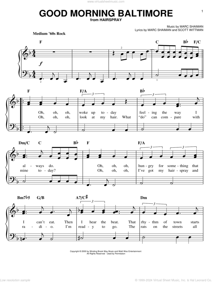 Good Morning Baltimore (from Hairspray) sheet music for piano solo by Marc Shaiman, Hairspray (Musical) and Scott Wittman, easy skill level