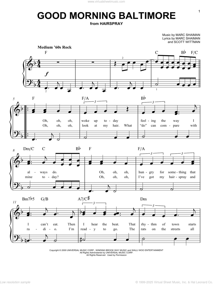 Good Morning Baltimore (from Hairspray) sheet music for piano solo by Marc Shaiman, Hairspray (Musical) and Scott Wittman, easy skill level
