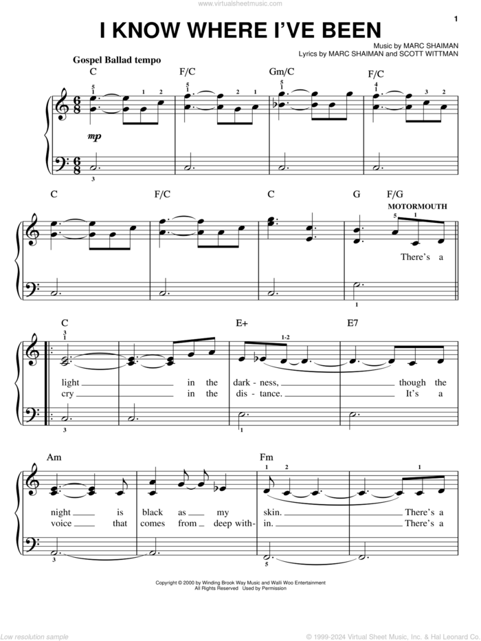 I Know Where I've Been (from Hairspray) sheet music for piano solo by Marc Shaiman, Hairspray (Musical) and Scott Wittman, easy skill level