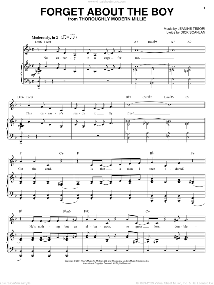 Forget About The Boy sheet music for voice, piano or guitar by Dick Scanlan, Thoroughly Modern Millie and Jeanine Tesori, intermediate skill level