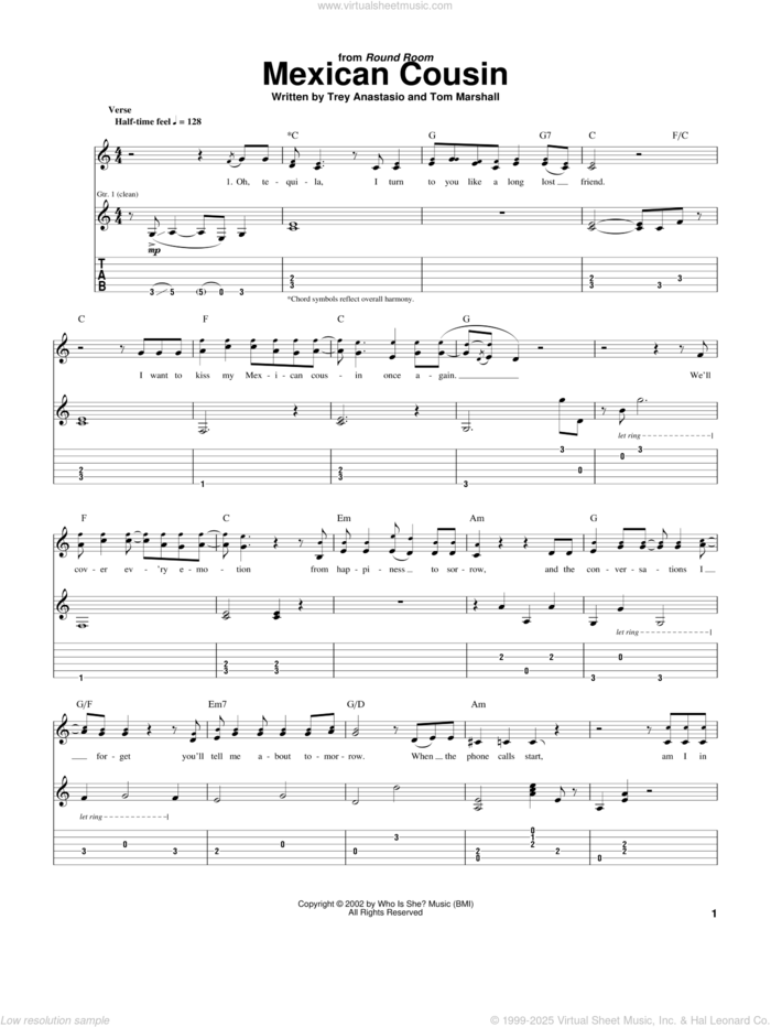 Mexican Cousin sheet music for guitar (tablature) by Phish, Tom Marshall and Trey Anastasio, intermediate skill level