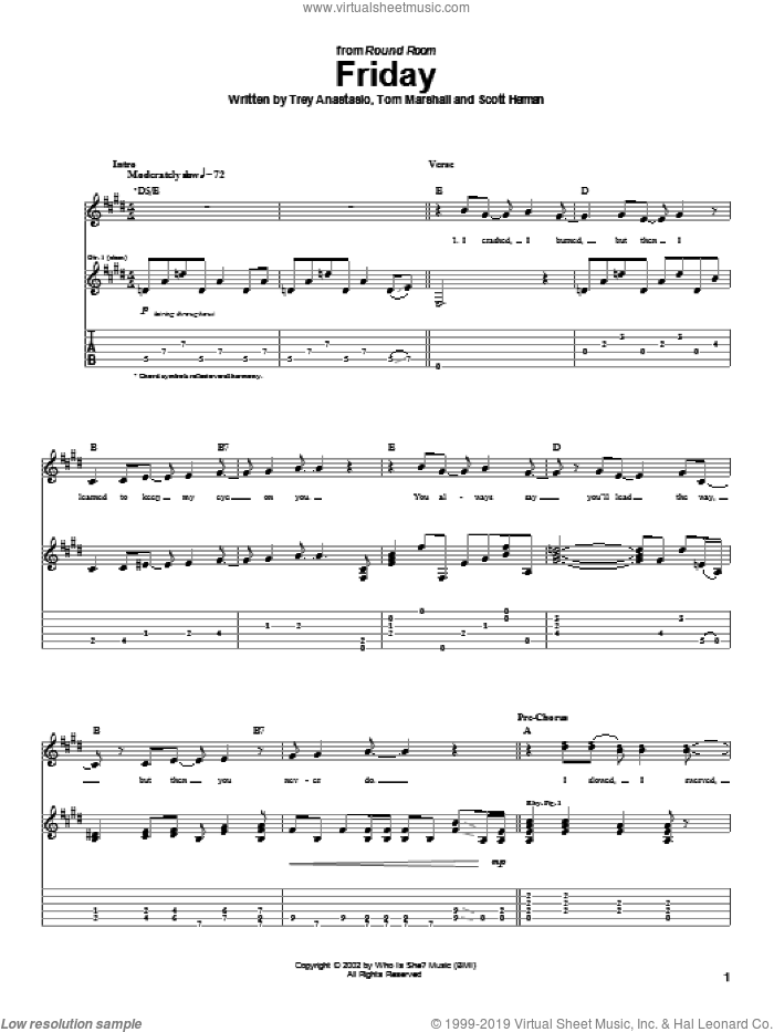 Friday sheet music for guitar (tablature) by Phish, Scott Herman, Tom Marshall and Trey Anastasio, intermediate skill level