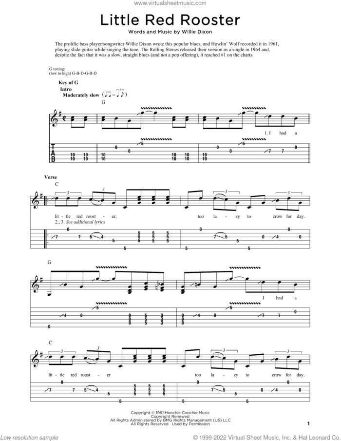 Little Red Rooster (arr. Fred Sokolow) sheet music for dobro solo by The Rolling Stones, Fred Sokolow, Sam Cooke and Willie Dixon, easy skill level