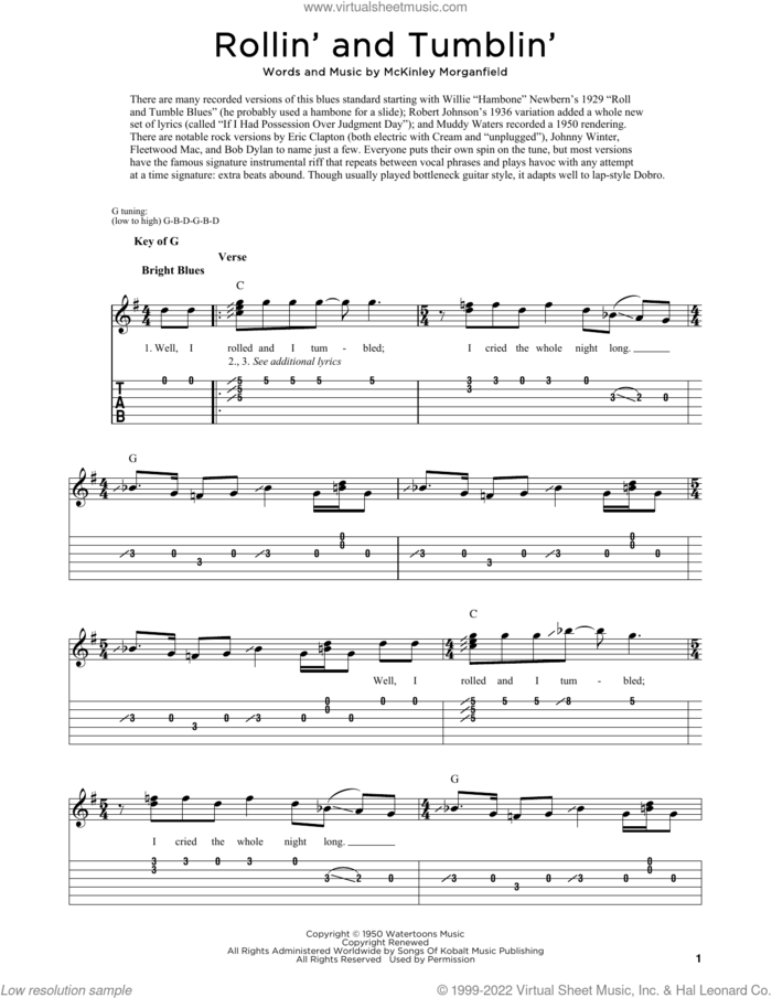 Rollin' And Tumblin' (arr. Fred Sokolow) sheet music for dobro solo by Muddy Waters, Fred Sokolow, Eric Clapton and McKinley Morganfield, easy skill level