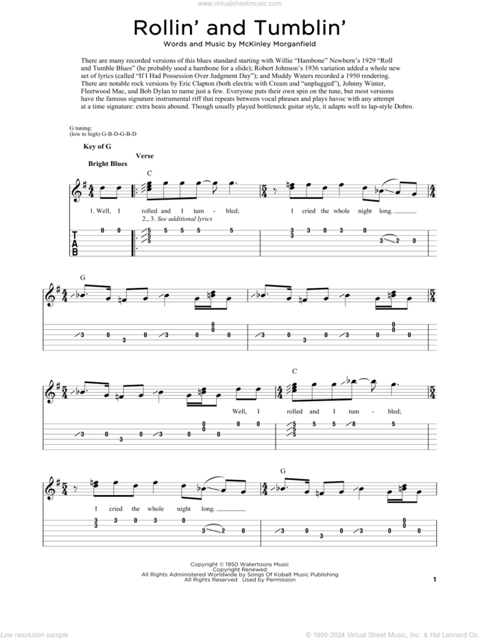 Rollin' And Tumblin' (arr. Fred Sokolow) sheet music for dobro solo by Muddy Waters, Fred Sokolow, Eric Clapton and McKinley Morganfield, easy skill level